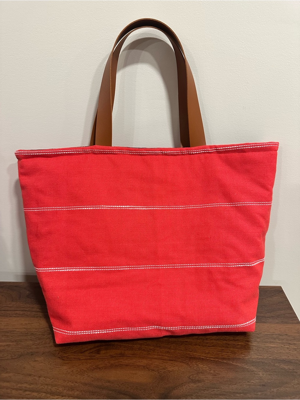 Handmade Upcycled Reversible Canvas Tote Bag w/ Faux Leather Handles- Red & Navy